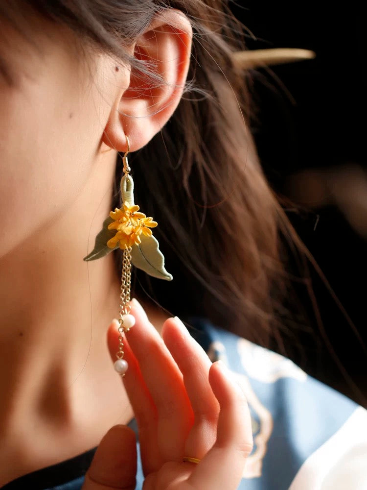 Osmanthus Blossom Silk Earrings — Handcrafted Chan Hua Art