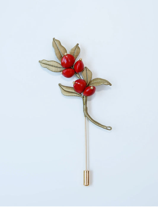 Crimson Berry Silk Brooch — Handcrafted Chan Hua Art
