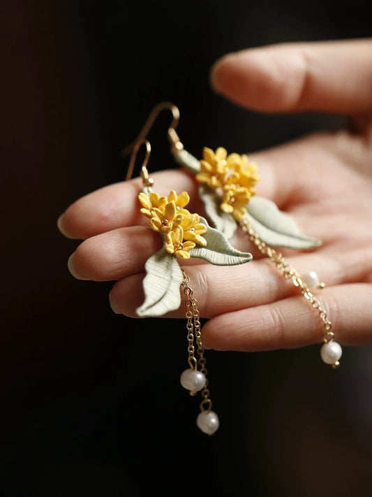 Osmanthus Blossom Silk Earrings — Handcrafted Chan Hua Art
